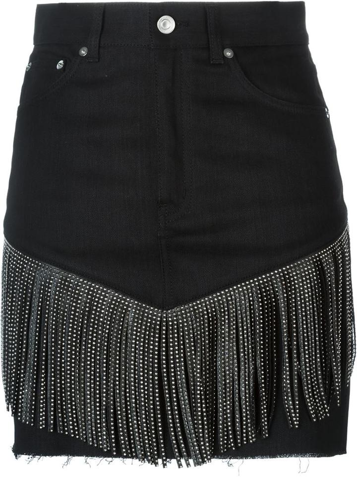 Saint Laurent Fringed Denim Skirt, Women's, Size: 34, Black, Spandex/elastane/cotton/lambs Wool