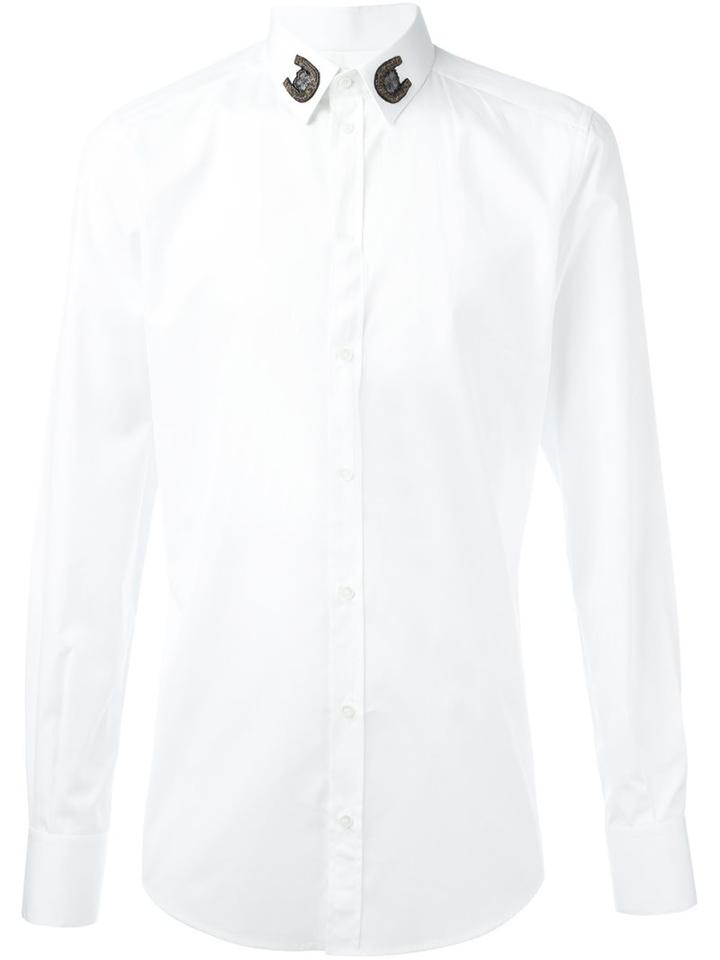Dolce & Gabbana Horseshoe Embroidered Collar Shirt, Men's, Size: 39, White, Cotton
