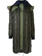 Sacai Layered Puffer Coat, Women's, Size: 1, Green, Cotton/leather/nylon/wool