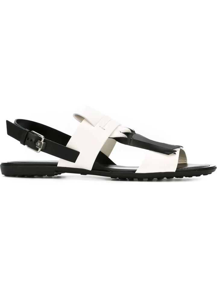 Tod S Fringed Flat Sandals, Women's, Size: 38.5, Black, Leather/rubber
