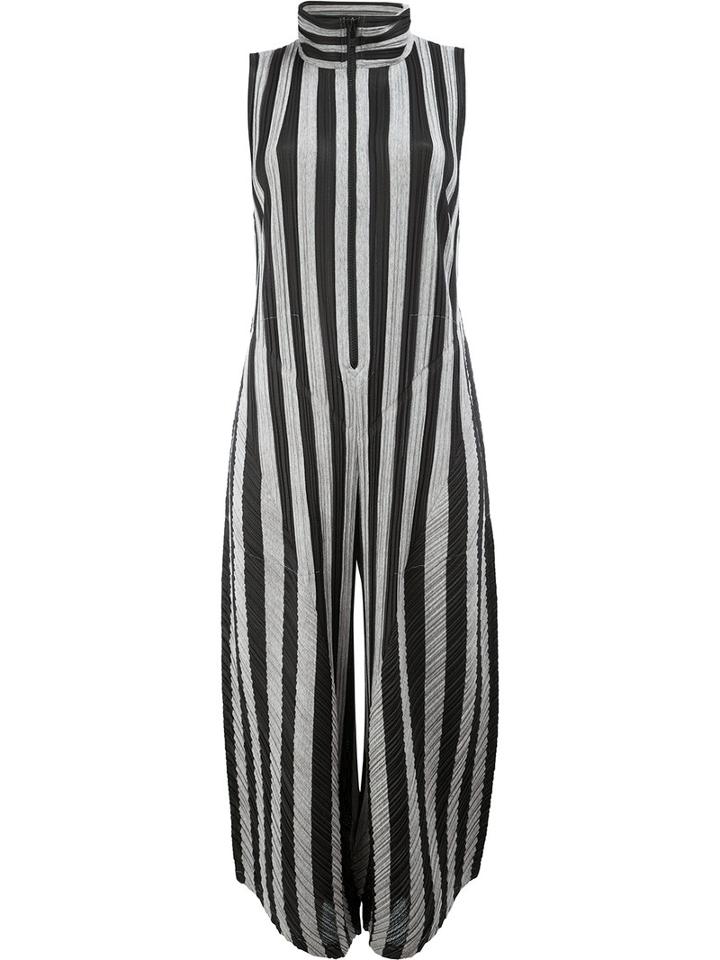 Pleats Please By Issey Miyake High Neck Striped Jumpsuit, Women's, Size: 2, Black, Cotton/polyester