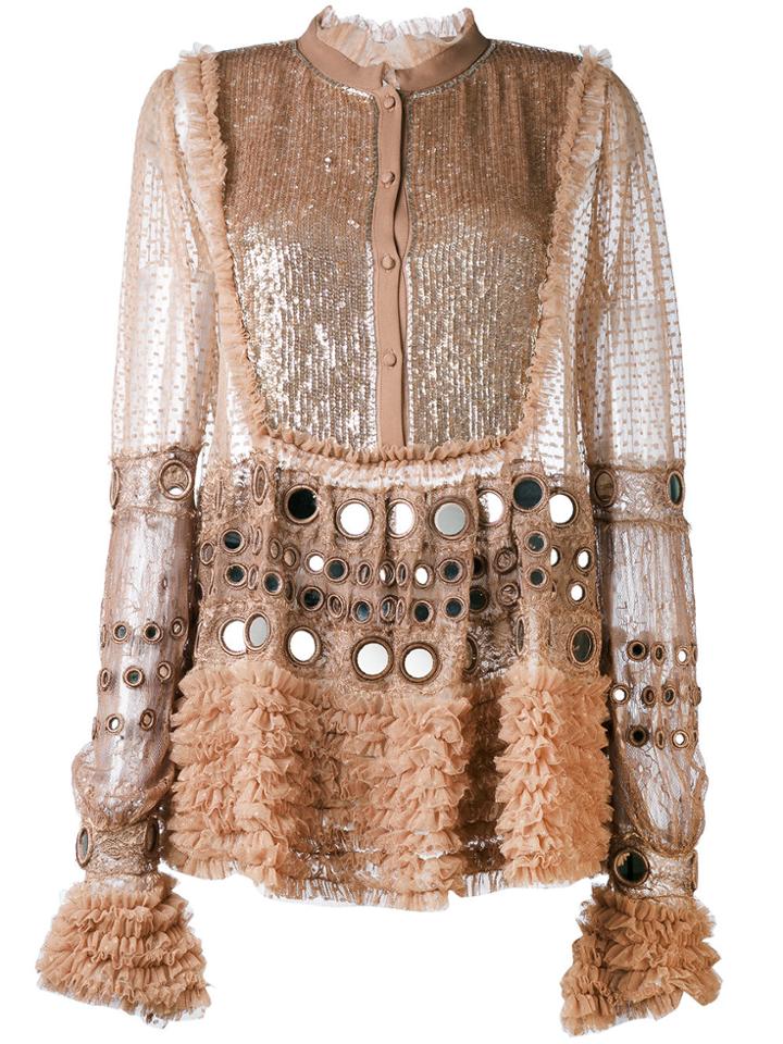 Amen Semi-sheer Ruffled Blouse - Pink & Purple