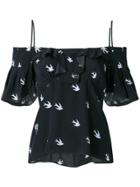 Mcq Alexander Mcqueen Embroidered Swallow Off The Shoulder Top - Blue