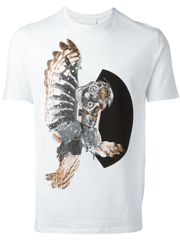Neil Barrett Mechanical Owl Print T-shirt, Men's, Size: Medium, White, Cotton