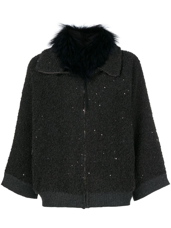 Fabiana Filippi Fur Collar Sequinned Cardi-coat - Grey