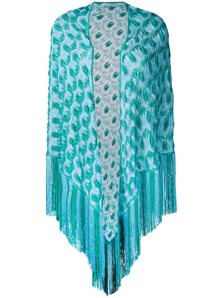 Missoni - Patterned Tassel Cape - Women - Viscose/polyester/cupro - One Size, Blue, Viscose/polyester/cupro