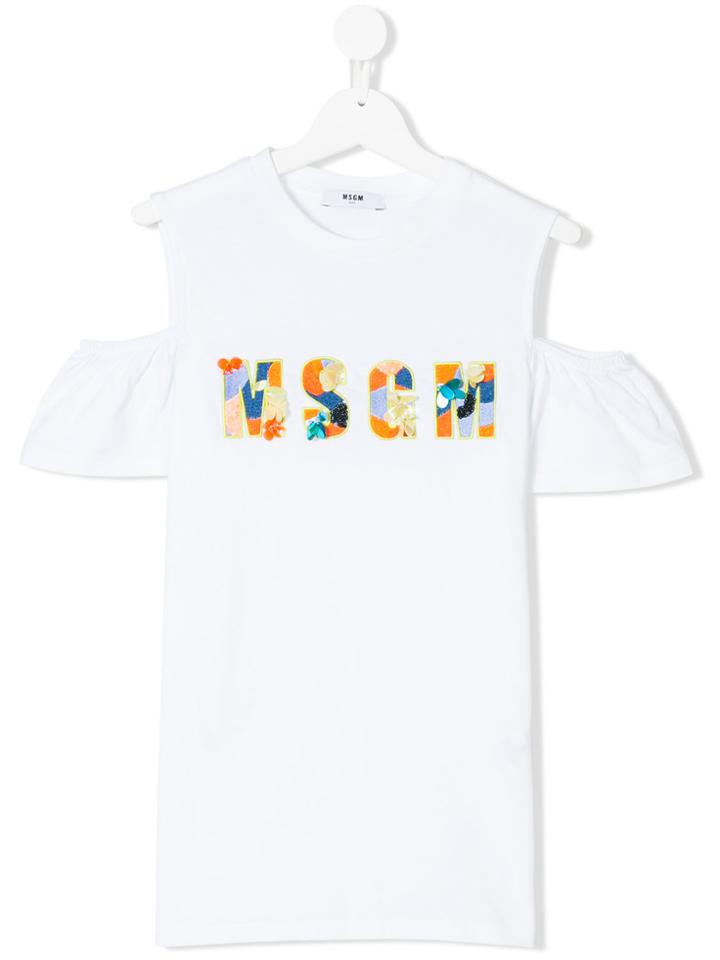 Msgm Kids Off-shoulder Embroidered T-shirt - White