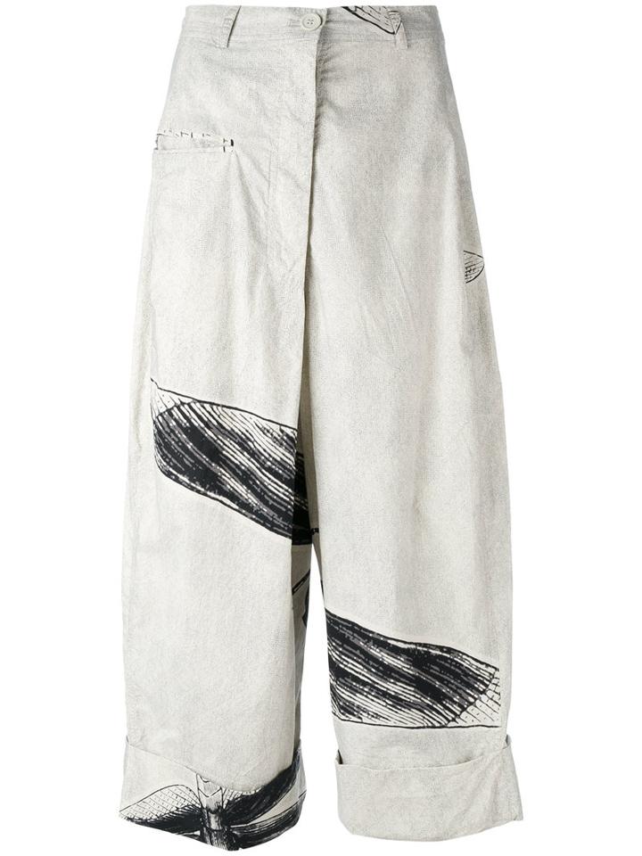 Rundholz Sketch Print Cropped Trousers, Women's, Size: Medium, Nude/neutrals, Cotton
