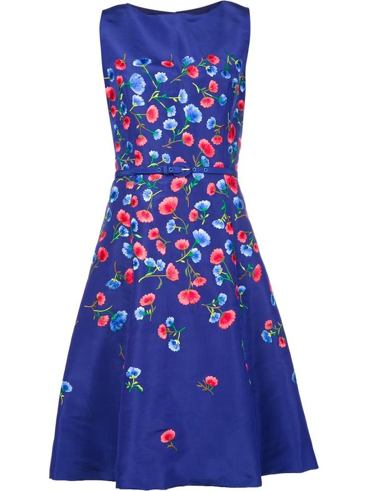 Oscar De La Renta Floral Embroidery Flared Dress, Women's, Size: 12, Blue, Silk
