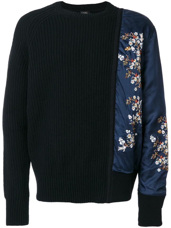 No21 Asymmetric Floral Sleeve Sweater - Black