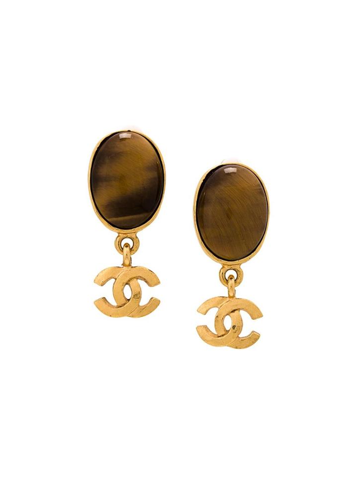 Chanel Vintage Logo Stone Earrings - Brown