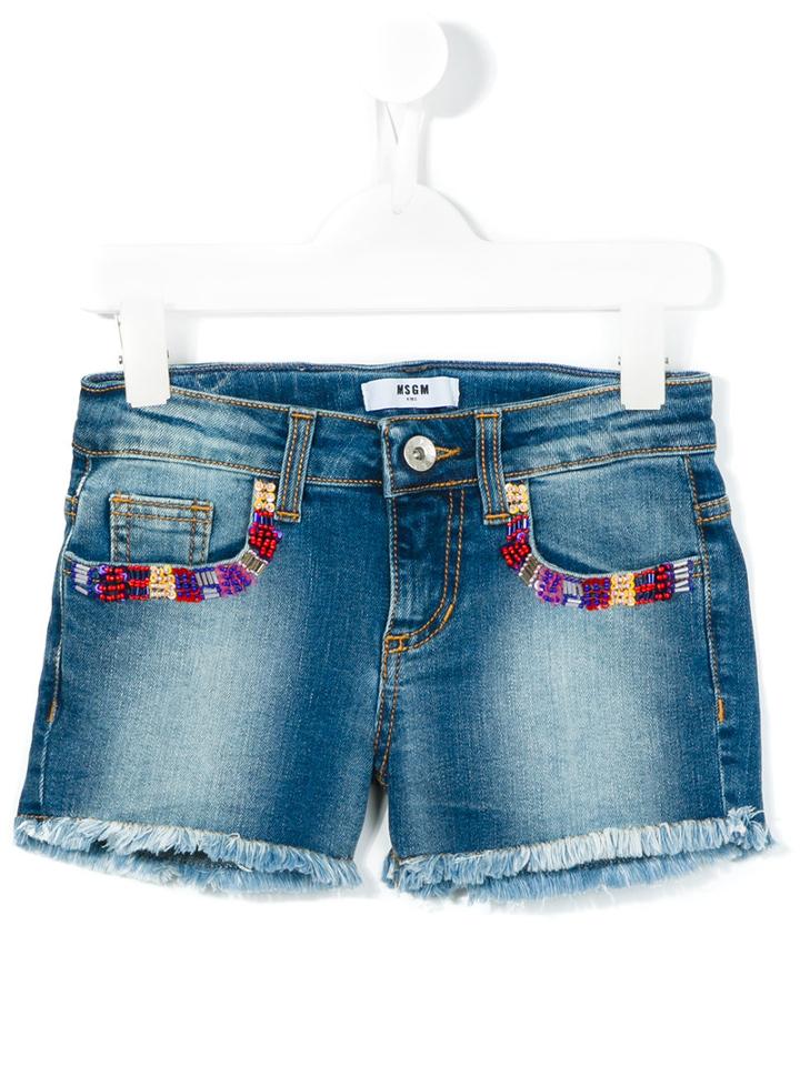Msgm Kids Beaded Pockets Denim Shorts, Size: 8 Yrs, Blue