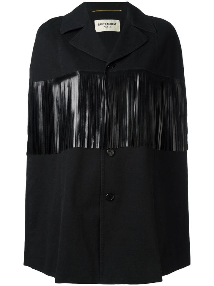 Saint Laurent Leather Fringe Trim Cape - Black