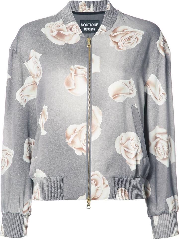 Boutique Moschino Rose Print Bomber Jacket, Women's, Size: 38, Grey, Rayon