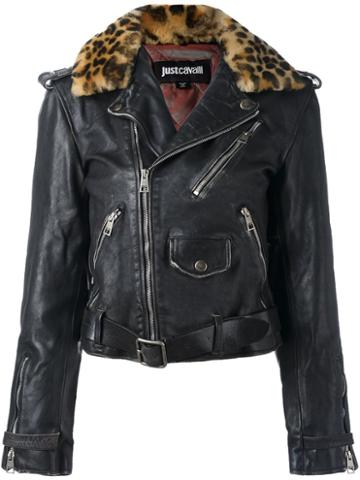 Just Cavalli Leopard Trim Biker Jacket, Women's, Size: 40, Black, Calf Leather/lamb Fur/acetate/viscose