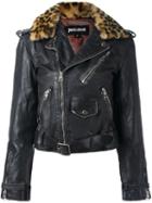 Just Cavalli Leopard Trim Biker Jacket, Women's, Size: 40, Black, Calf Leather/lamb Fur/acetate/viscose