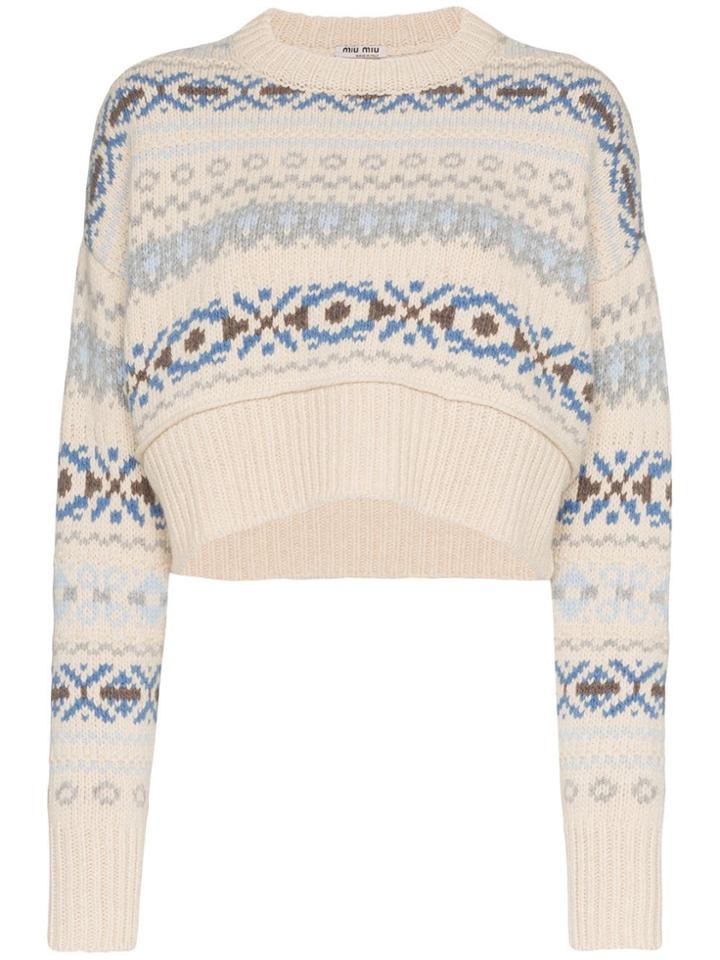 Miu Miu Fair Isle Knitted Cropped Virgin Wool Sweater - Neutrals