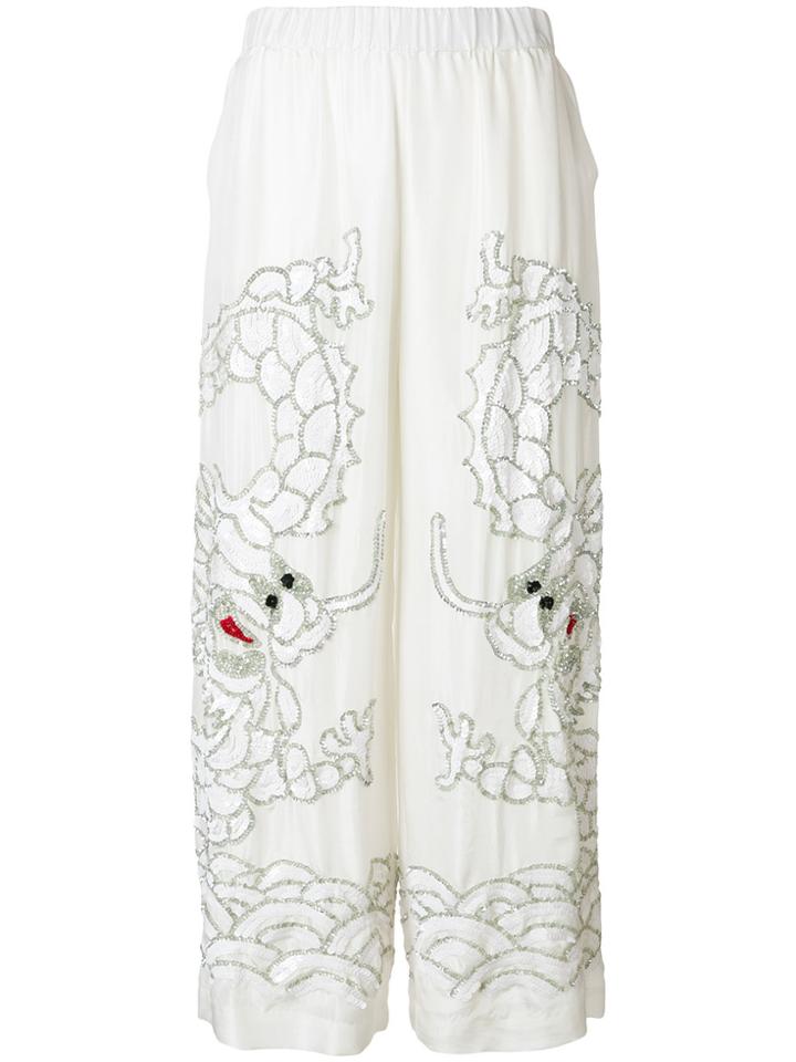 P.a.r.o.s.h. Sequin Dragon Embroidered Wide Leg Trousers - White