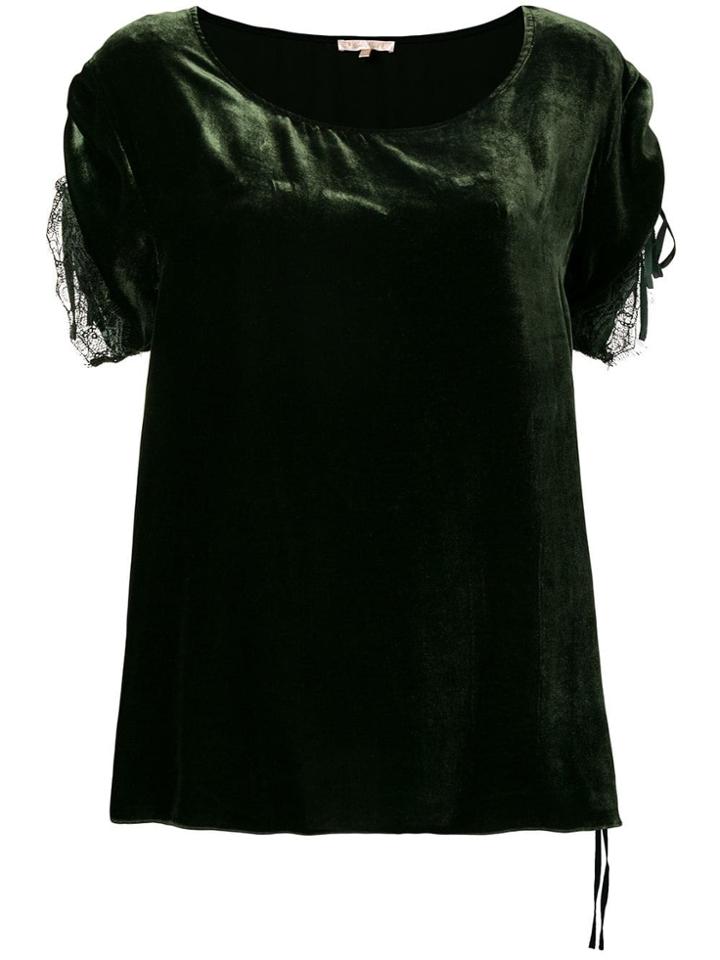 Gold Hawk Velvet Ruched Sleeve T-shirt - Green