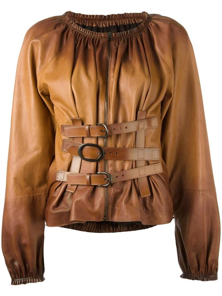 Tom Ford Buckle Detailing Zipped Shirt, Women's, Size: 40, Brown, Lamb Skin/silk/spandex/elastane