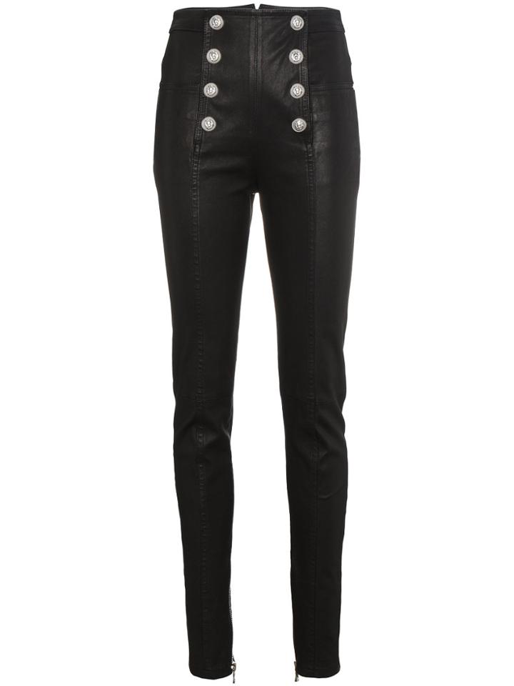 Balmain High Waisted Leather Skinny Trousers - Black