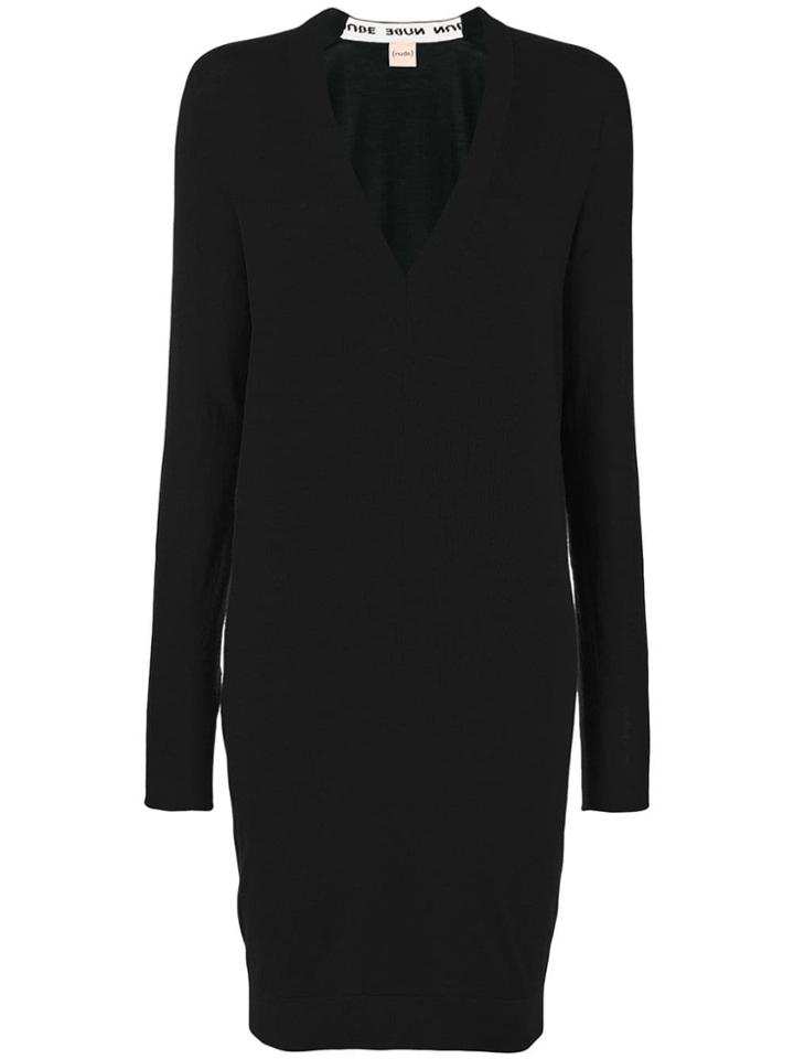 Nude V-neck Sweater Dress - Black