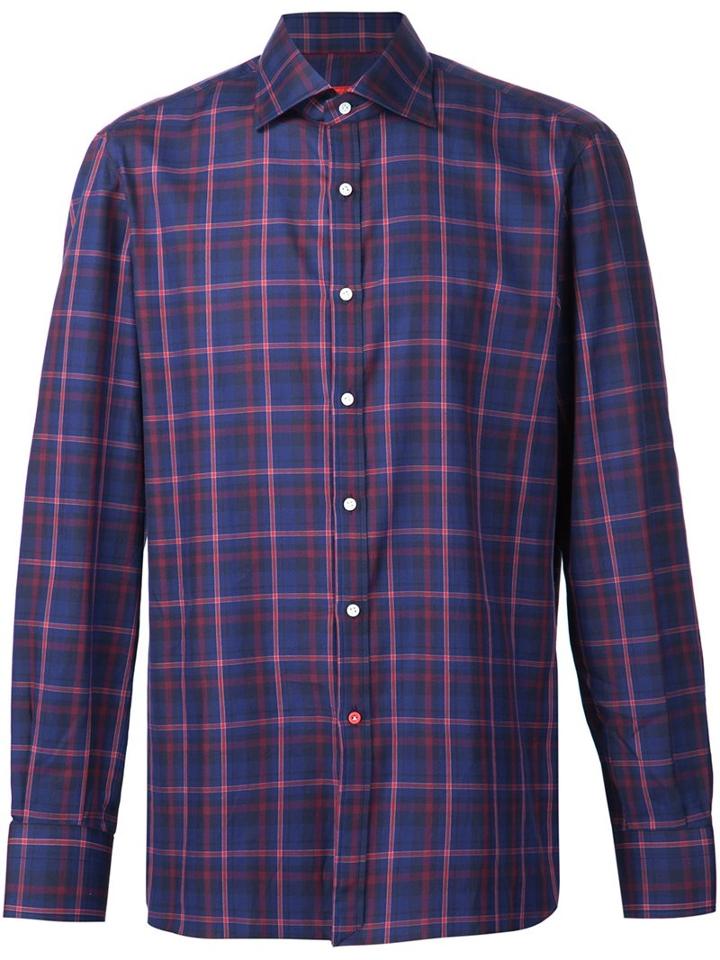 Isaia Checked Shirt, Men's, Size: 17, Blue, Cotton