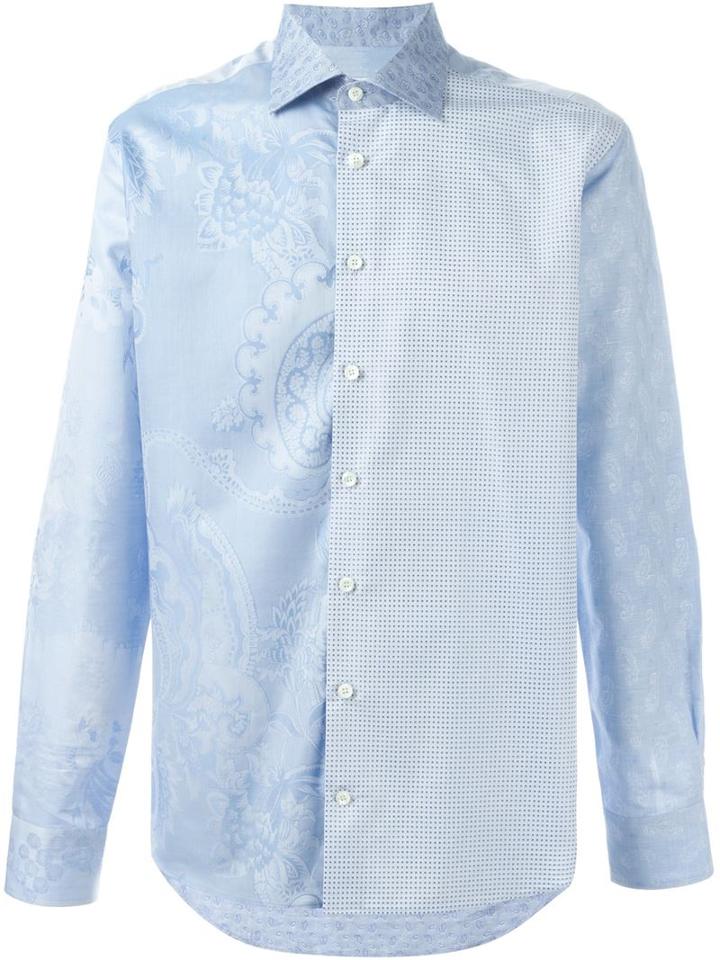 Etro Mixed Print Shirt, Men's, Size: 42, Blue, Cotton/linen/flax