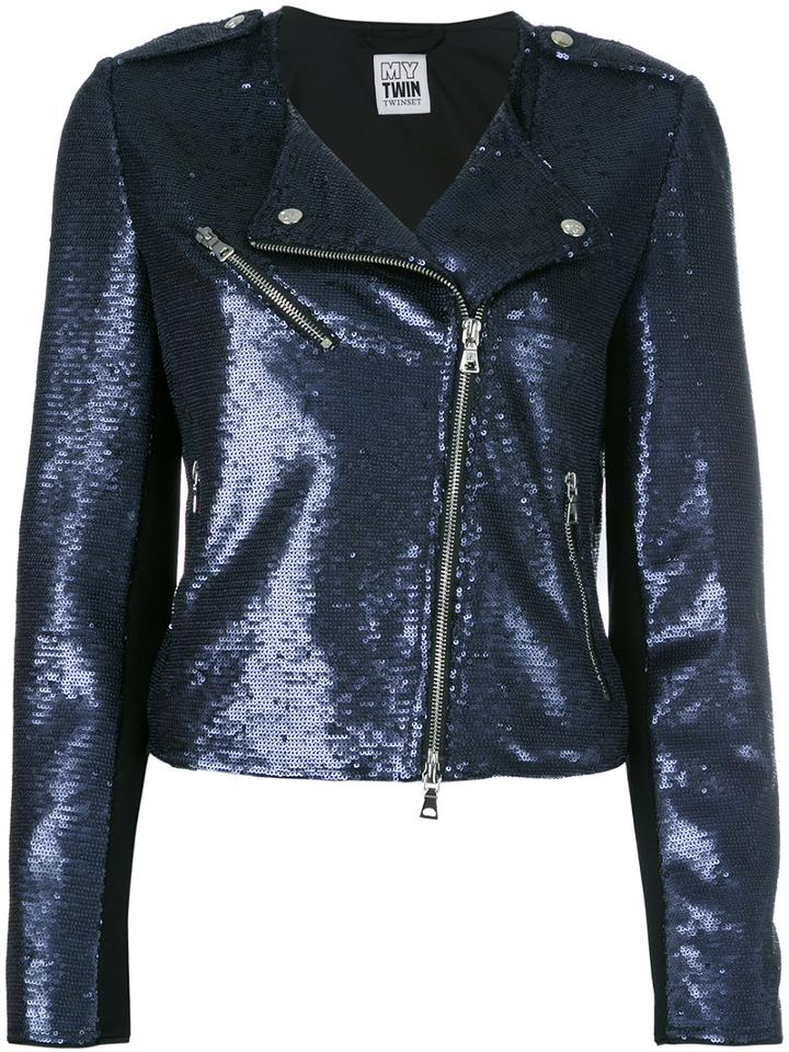 Twin-set Sequinned Biker Jacket, Size: Large, Blue, Polyester