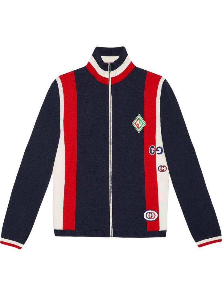 Gucci Wool Knit Bomber Jacket With Patches - Blue