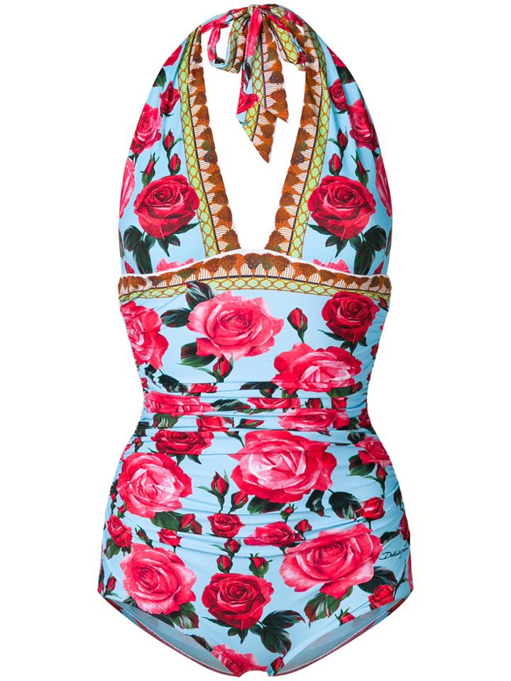 Dolce & Gabbana Floral Print Halterneck Swimsuit - Multicolour