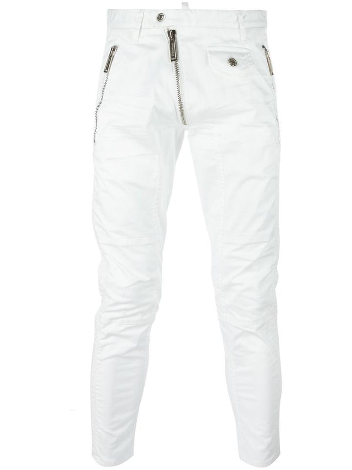 Dsquared2 Zip Detail Cropped Trousers, Men's, Size: 48, White, Cotton/spandex/elastane
