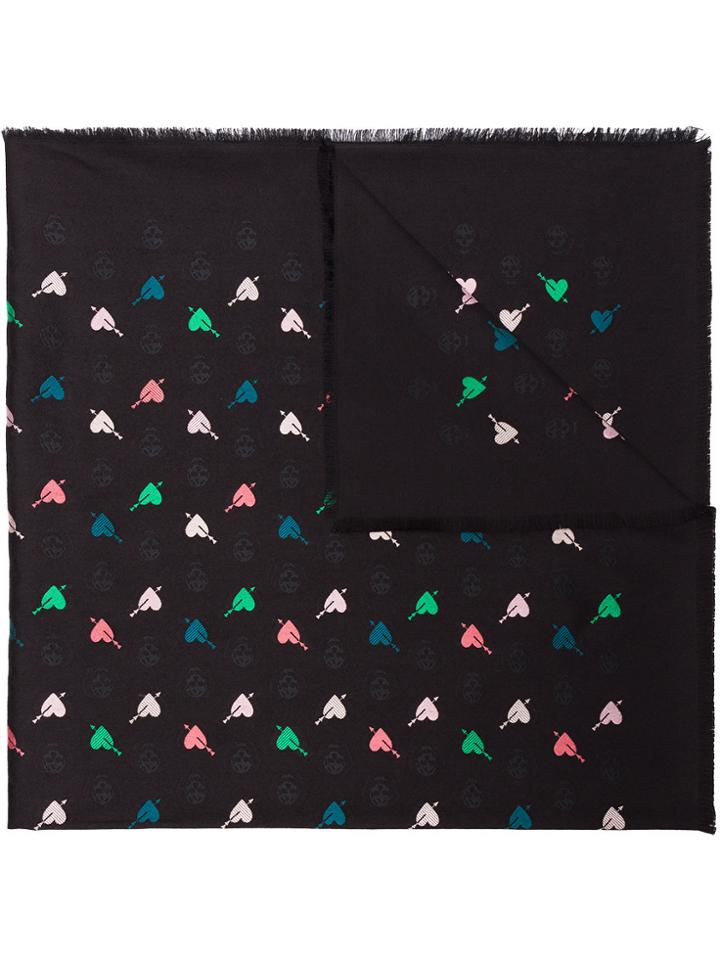 Alexander Mcqueen Silk Heart And Skull Print Scarf - Black
