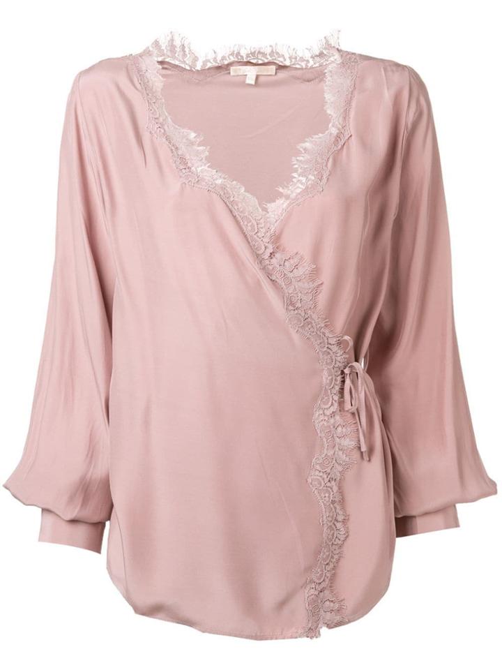 Gold Hawk Lace Trim Wrap Blouse - Pink