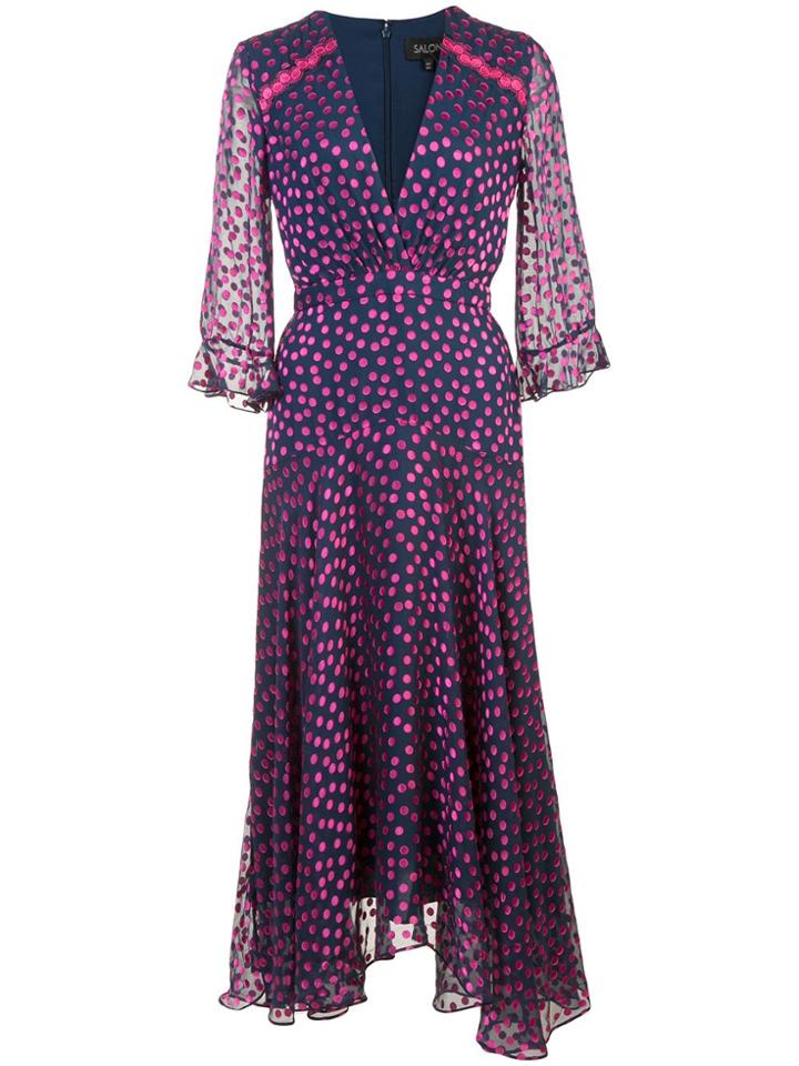 Saloni Dotted Flared Midi Dress - Blue