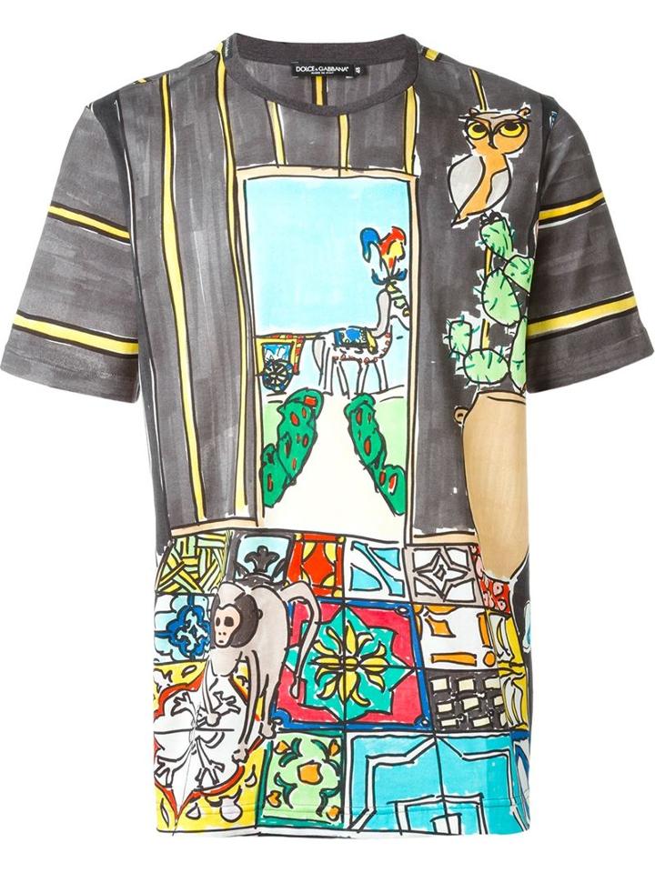 Dolce & Gabbana Drawing Print T-shirt, Men's, Size: 46, Grey, Cotton