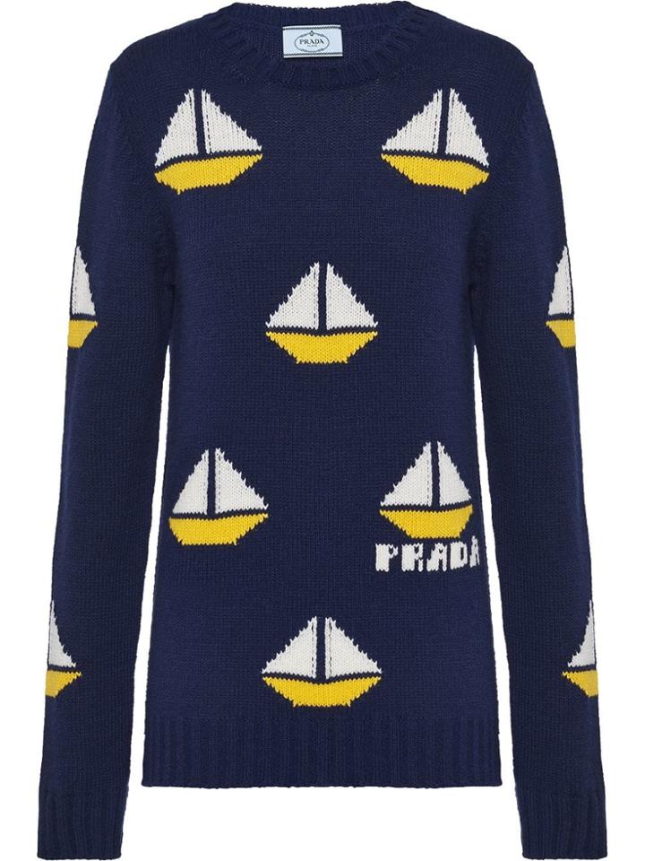 Prada Boat Intarsia Motif Jumper - Blue