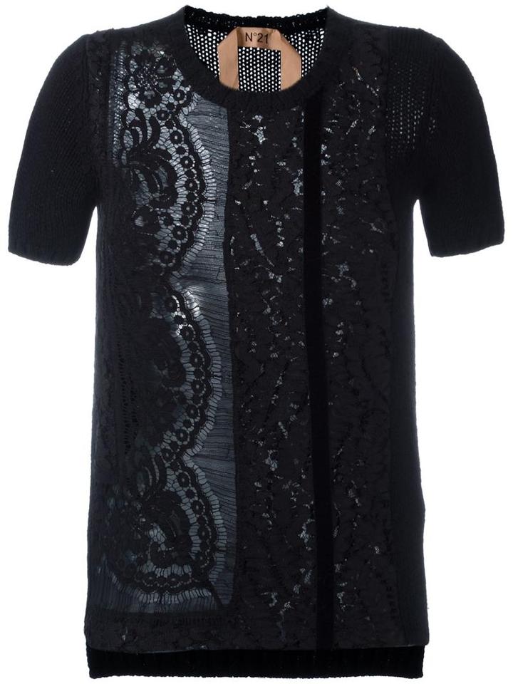 No21 Lace Front Knit Top, Women's, Size: 38, Black, Alpaca/polyamide