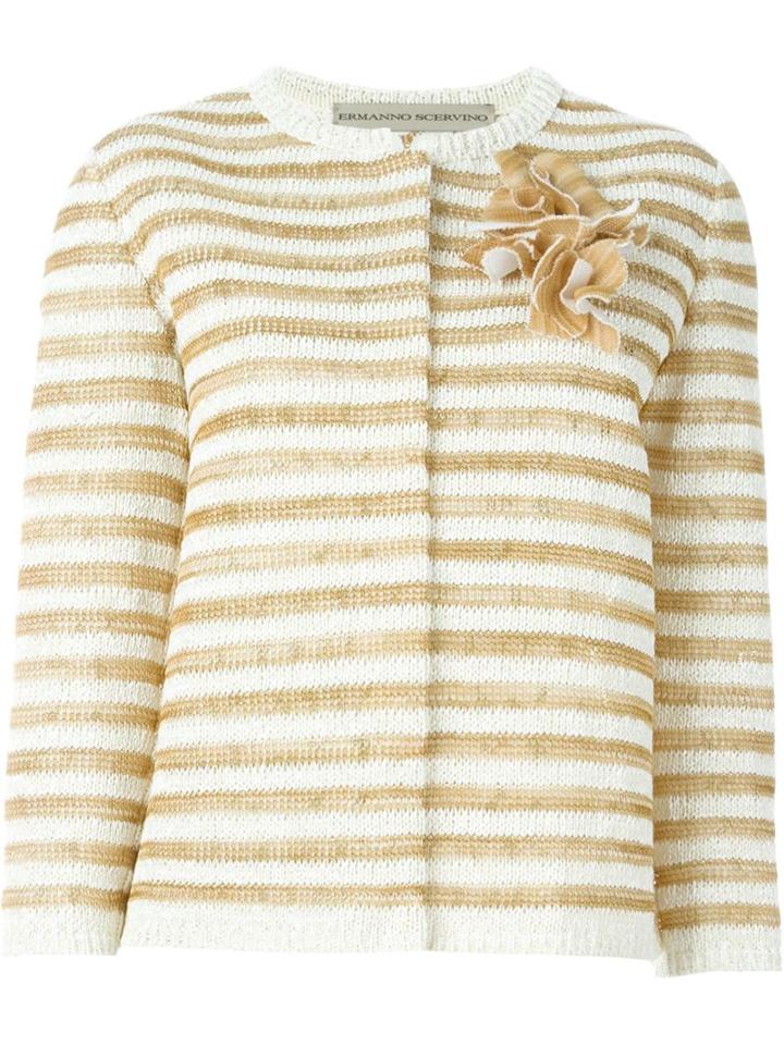 Ermanno Scervino Flower Appliqué Striped Cardigan, Women's, Size: 42, White, Cotton/polyurethane/viscose/viscose