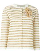 Ermanno Scervino Flower Appliqué Striped Cardigan, Women's, Size: 42, White, Cotton/polyurethane/viscose/viscose