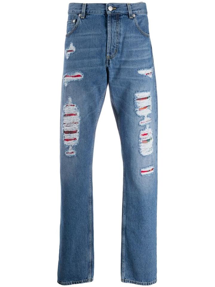 Alexander Mcqueen Distressed Tartan Patch Jeans - Blue