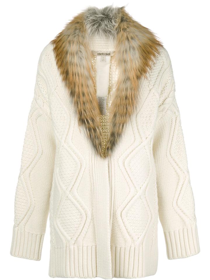 Roberto Cavalli Fur-collar Cable Knit Cardigan - White