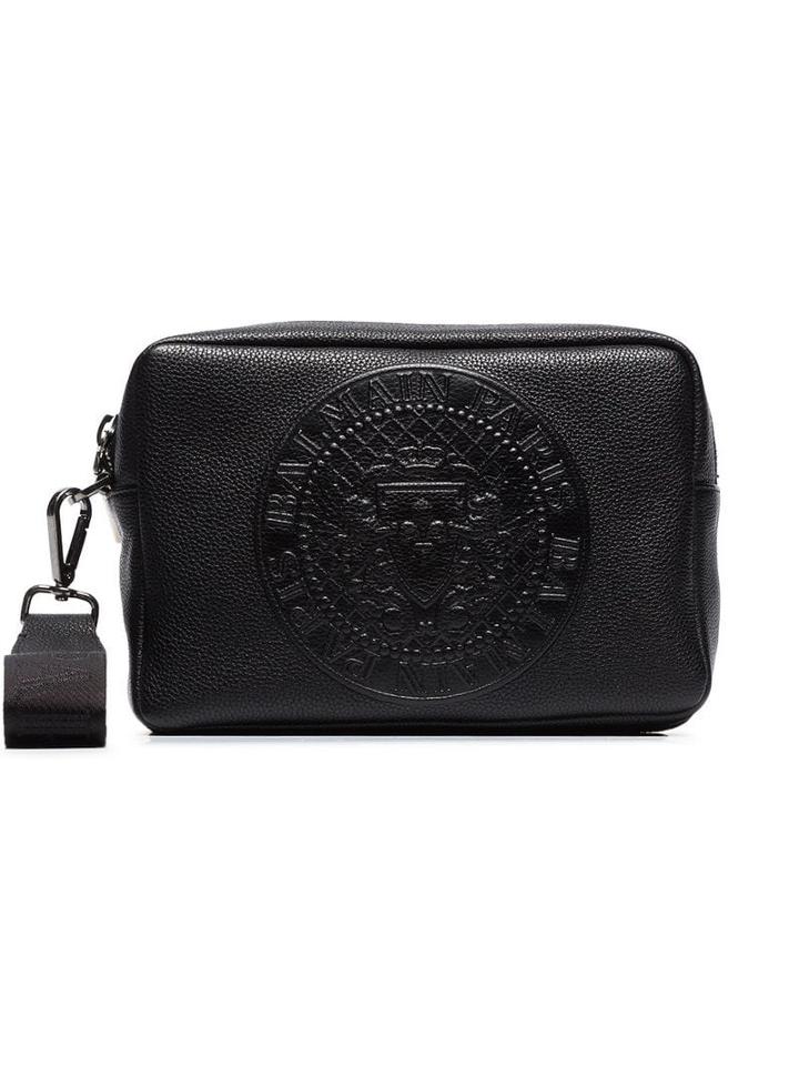Balmain Black Debossed Logo Leather Wash Bag