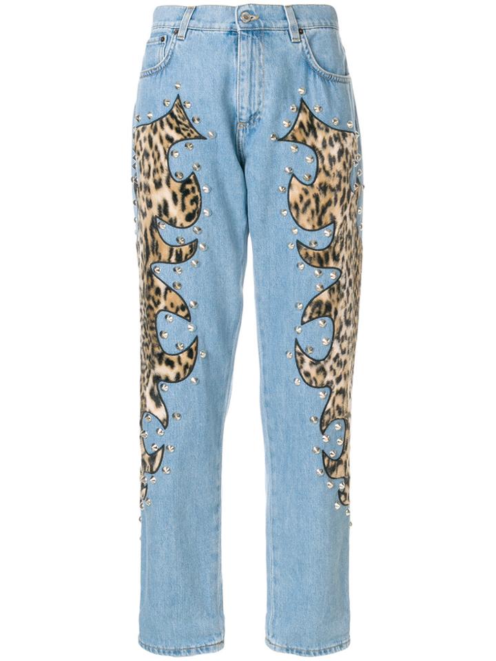 Moschino Studded Leopard Print Inset Jeans - Blue