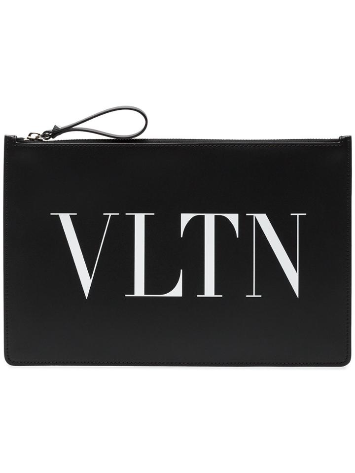 Valentino Black And White Logo Print Leather Pouch