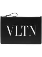 Valentino Black And White Logo Print Leather Pouch