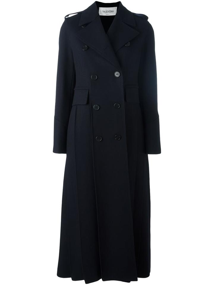 Valentino Long Double Breasted Coat, Women's, Size: 40, Blue, Silk/virgin Wool
