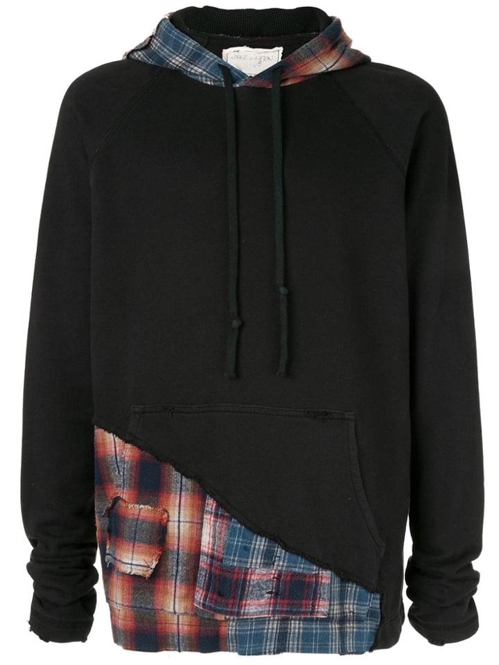 Greg Lauren Hoodie With Check Shirt Panels - Black