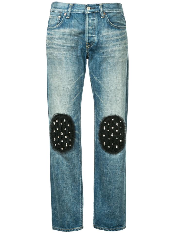 Tu Es Mon Trésor Tulle Knee Patch Boyfriend Jeans Short Length - Blue