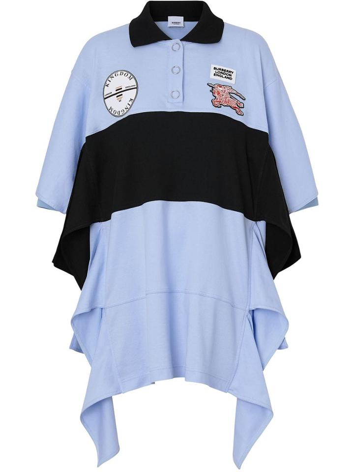 Burberry Drape Detail Striped Cotton Oversized Polo Shirt Dress - Blue